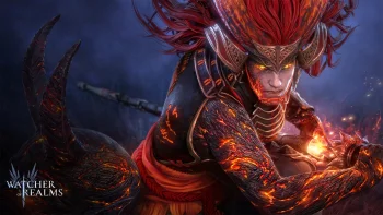 kigiri with his armor ablaze in the twilight, kigiri, characters, actors, fantasy, fire, magic, warriors, watcher of realms, games