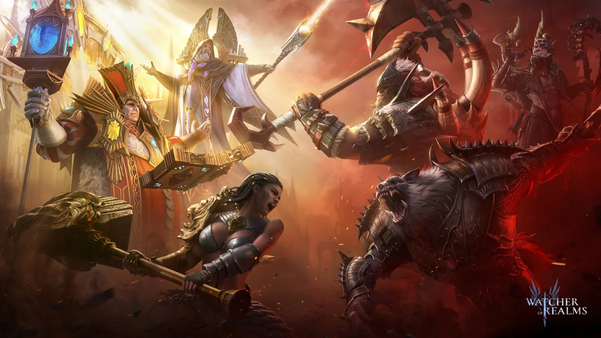 An epic showdown between heroes and monsters in the glow of the setting sun