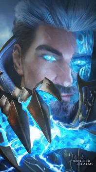 воин с ледяным взглядом и светящимися кристаллами в watcher of realms, взгляды, взгляд, воины, вотчер оф реалмс, молнии, грозы, персонажи, актеры, фэнтези, игры