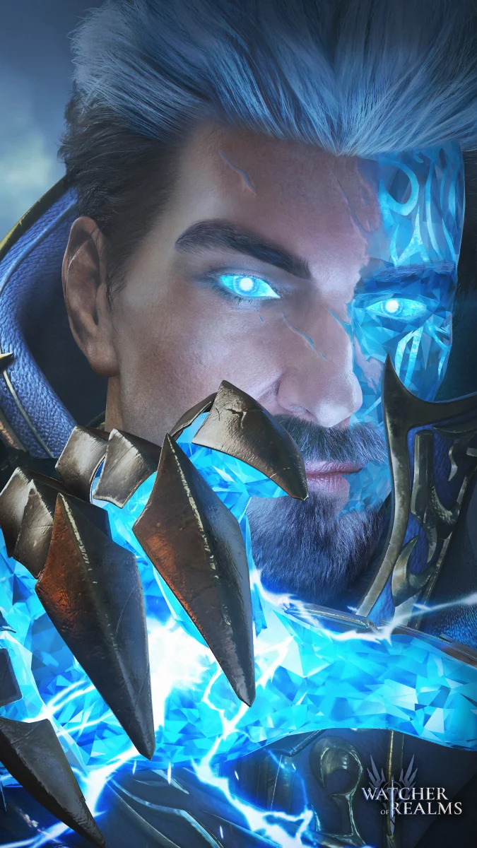 a warrior with an icy gaze and glowing crystals in "watcher of realms", characters, actors, fantasy, lightning, thunderstorms, look, views, glance, warriors, watcher of realms, games