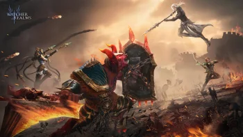 an epic battle of heroes in the world of watcher of realms, battles, fights, combats, bows, characters, actors, demons, elves, fantasy, fortresses, heroes, monsters, mutants, spears, swords, warriors, watcher of realms, weapon, games