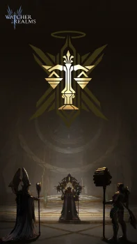золотой символ watcher of realms в таинственном зале, воины, вотчер оф реалмс, фэнтези, игры