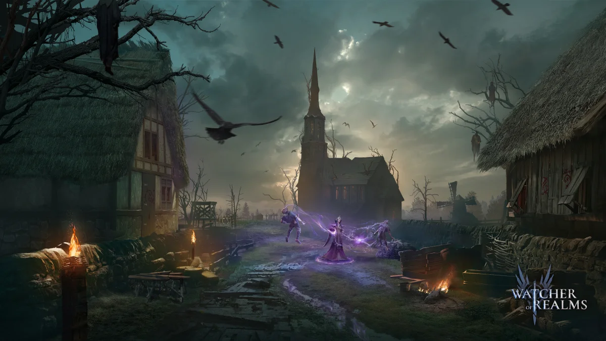 A gloomy village with a Gothic church at dusk