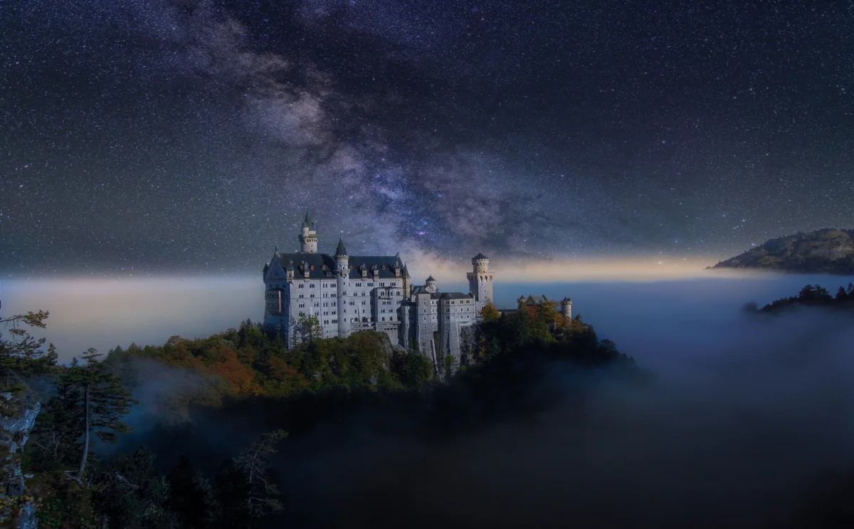 Neuschwanstein Castle under the starry sky of Germany