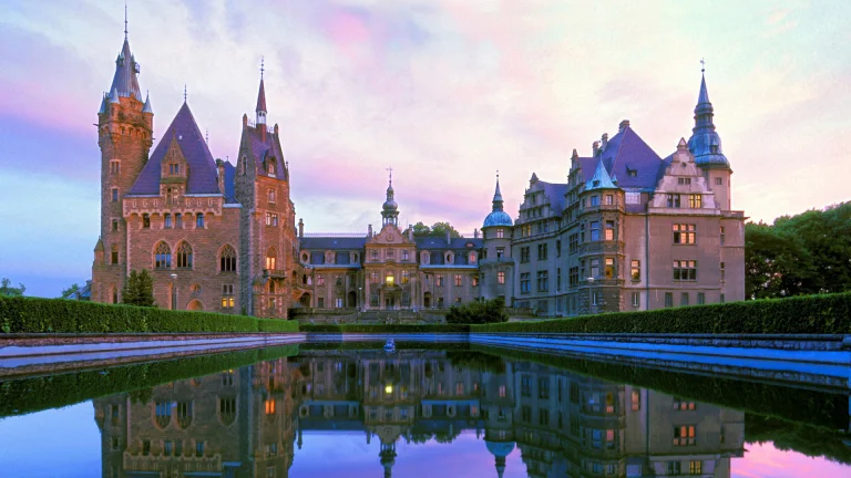 sunset at moshnen palace in poland, moshnia castle, poland, attractions, castles, lakes, bodies of water, parks, national parks, reflections, sunsets, sunset, towers, architecture, world