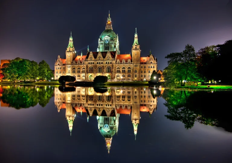 Nighttime reflection of the New Town Hall in Hanover
