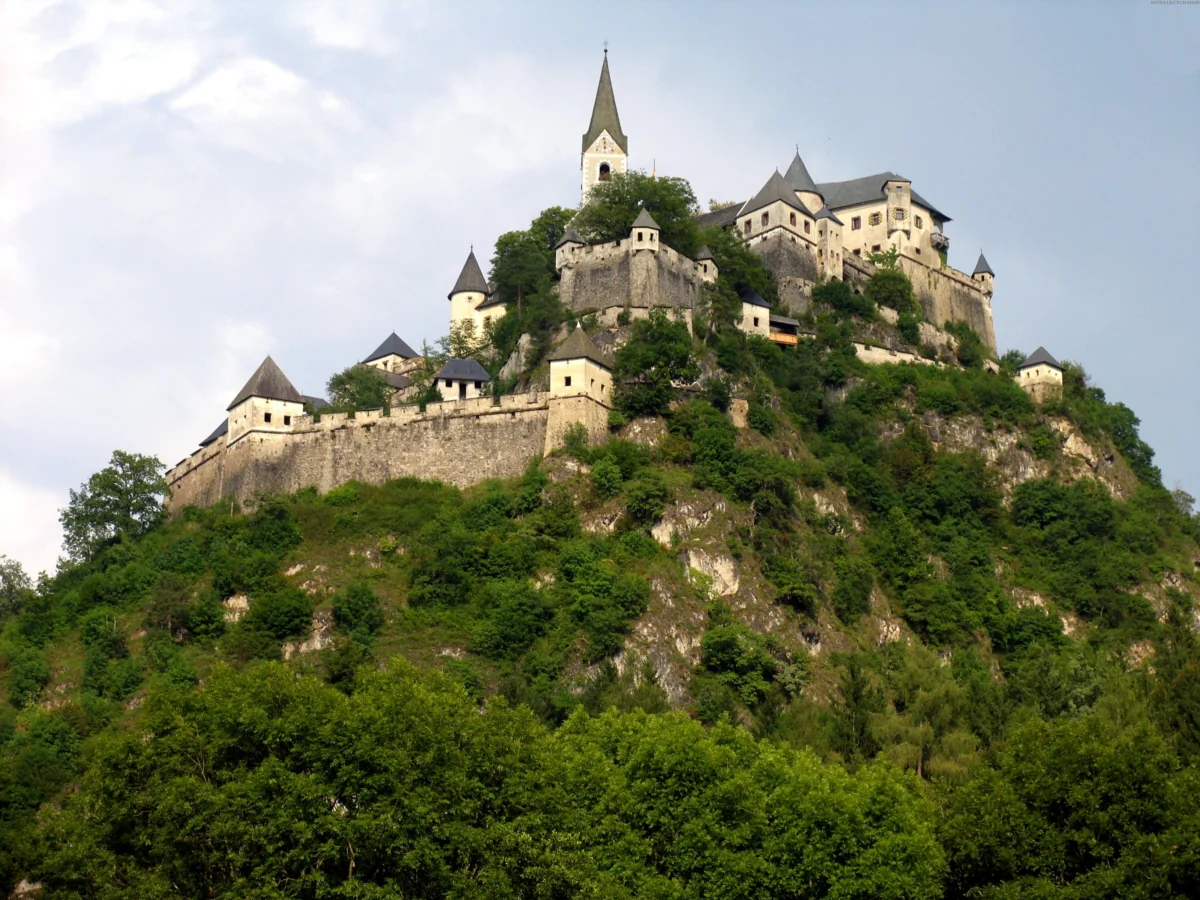 The medieval Hohoesterwitz Castle atop a cliff in Austria