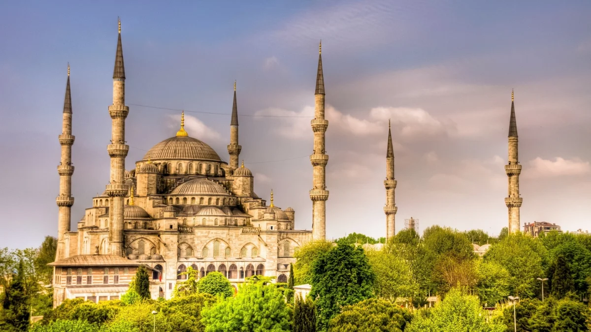 The Blue Mosque bathed in the rays of the setting sun in Istanbul