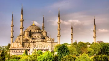 The Blue Mosque bathed in the rays of the setting sun in Istanbul