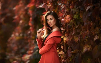 a girl in a red jacket against a backdrop of wild grapes, autumn, autumns, brunettes, girls, young women, leaves, foliage, leafage, frondage, look, views, glance, models, other, people