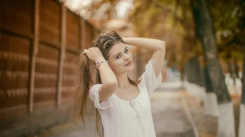 the girl in the white dress, autumn, autumns, brunettes, clock, girls, young women, look, views, glance, models, trees, other, people