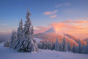 A pink dawn over the snow-capped peaks of the Carpathians