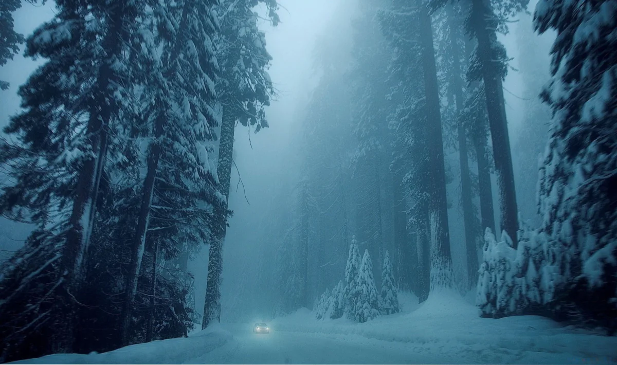 A car on a snow-covered forest road in the fog