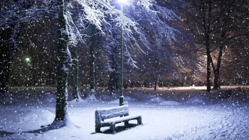 a solitary bench in a snow-covered park, illuminated by streetlights, benches, night lights, lights, streetlights, street lamps, lighting, night, parks, national parks, paths, trails, pathways, snow, snowfalls, trees, winter, winters, nature