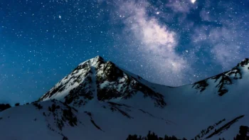 The Milky Way over snow-capped mountain peaks