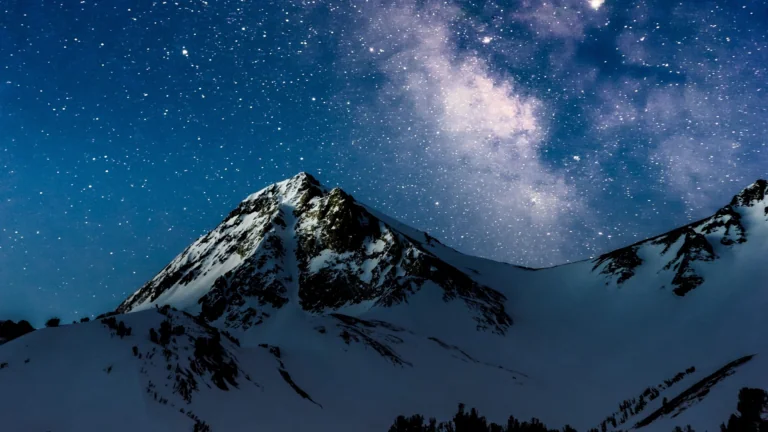 The Milky Way over snow-capped mountain peaks