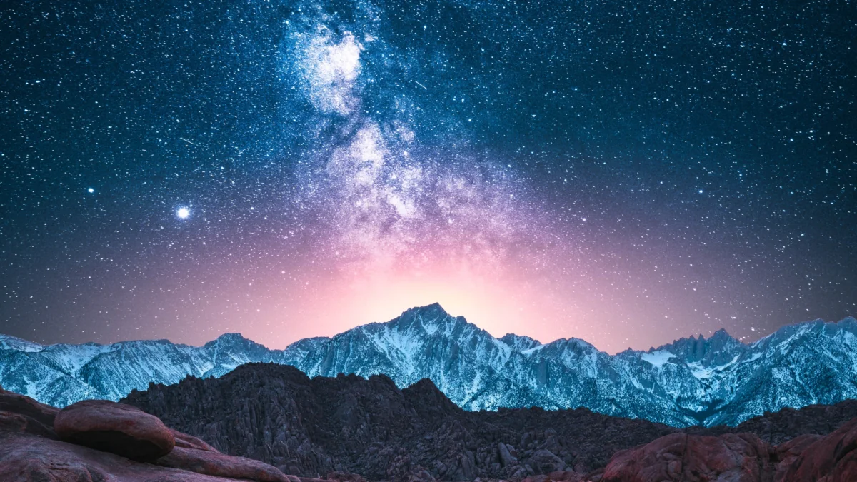 The Milky Way above the snow-capped mountain peaks