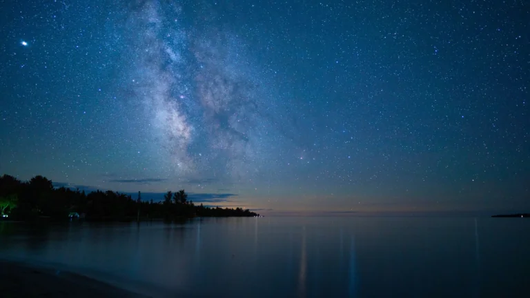 The Milky Way over the calm surface of a lake