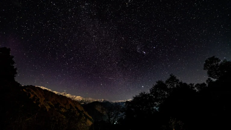 The Milky Way over the snow-capped mountain peaks