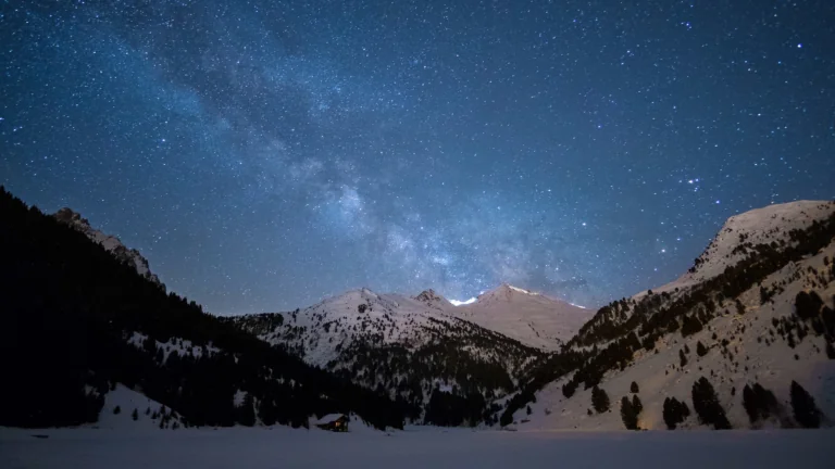 The Milky Way over the snow-capped peaks of the Alps