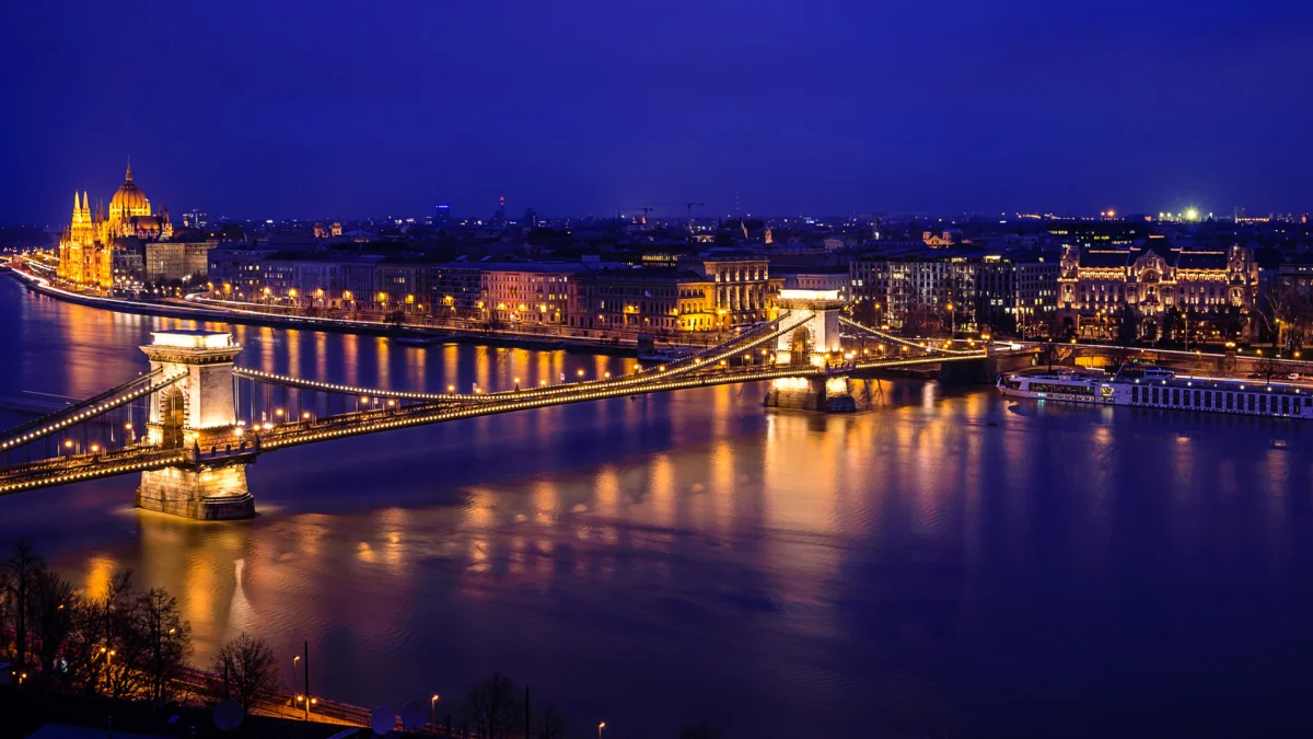 The lights of Budapest at night, with a view of the Chain Bridge and the Parliament Building