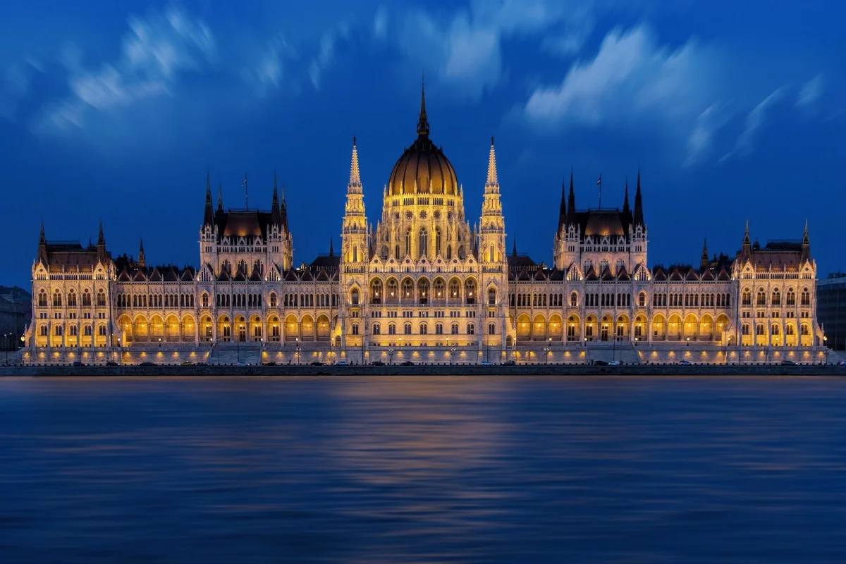 The lights of Parliament at night on the banks of the Danube