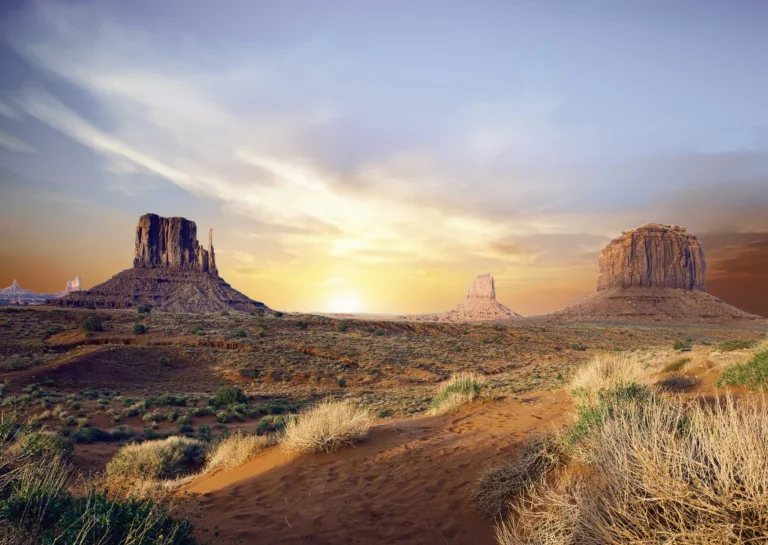 Sunset rays over the Valley of Monuments in the U.S.