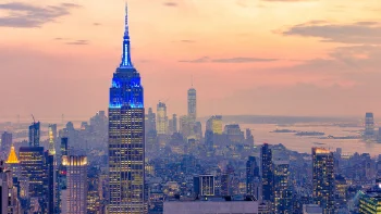 the empire state building glowing against the sunset sky over new york city, cities, city, cityscape, cityscapes, megacities, new york, skyscrapers, sunsets, sunset, usa, united states, architecture