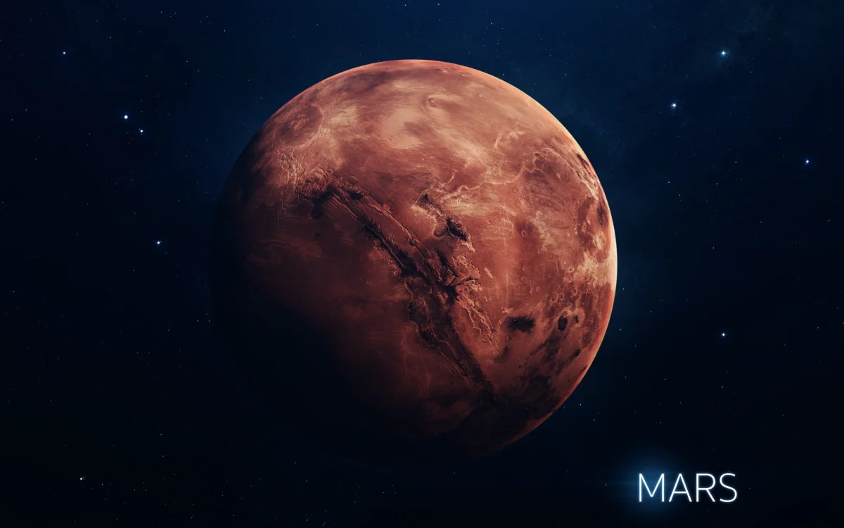 Mars, the Red Planet, in the depths of the starry sky