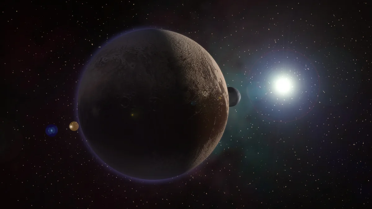 Pluto and its moon Charon bathed in the light of a distant sun