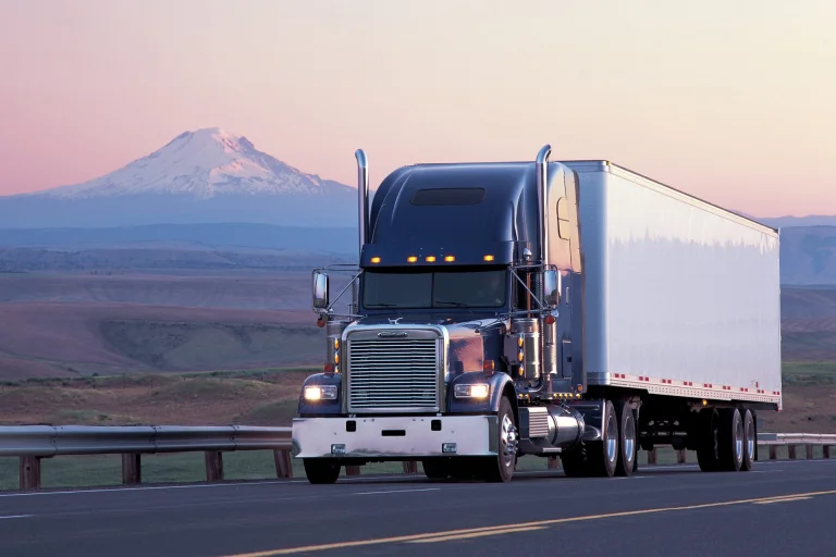 A Freightliner Classic tractor-trailer against the backdrop of a snow-capped peak