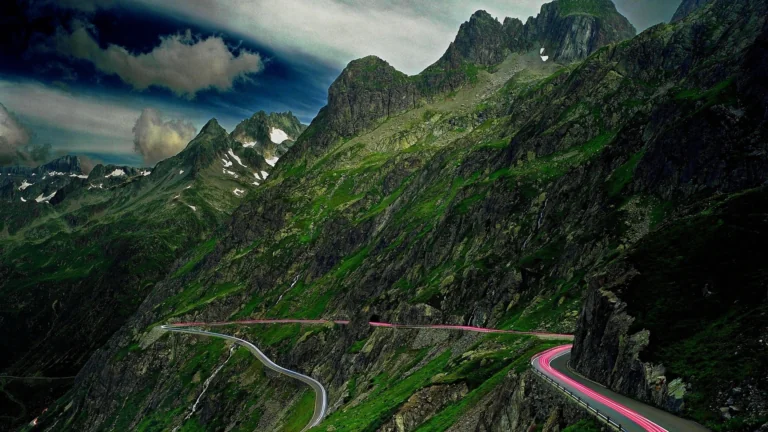 A winding mountain road in the Alps, photographed with a long exposure