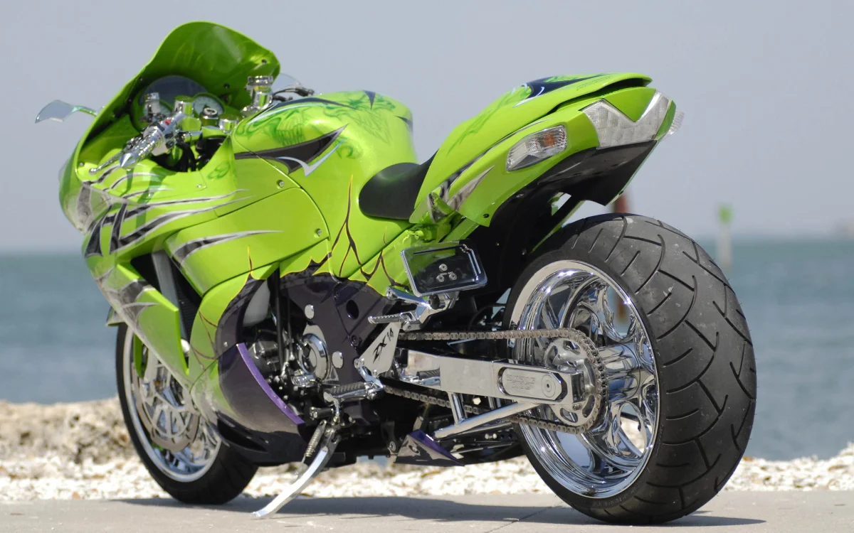 a bright green kawasaki ninja zx-14 by the sea, kawasaki zx14r, discs, wheels, kawasaki, motorcycles, bikes, sea, sport bikes, technology
