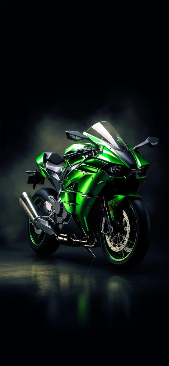 зеленый kawasaki ninja h2 в лучах студийного света на темном фоне, kawasaki ninja h2, kawasaki, кавасаки, мотоциклы, байки, спортбайки, фары, техника