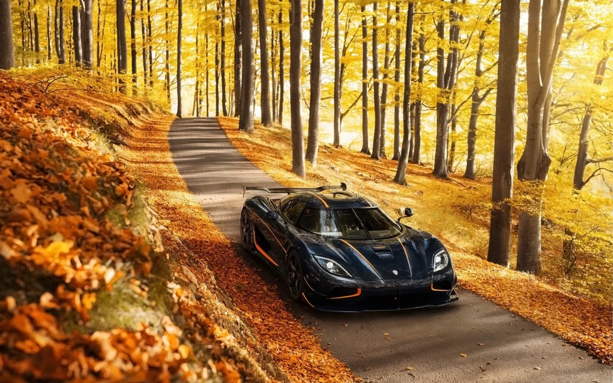 Koenigsegg Agera на лесной дороге в золотую осень