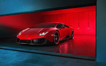 Красный Lamborghini Huracan в неоновом свете гаража
