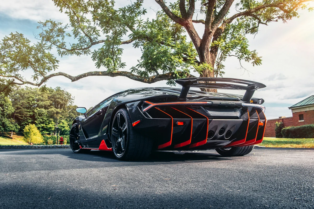 A black Lamborghini Centenario under a spreading tree