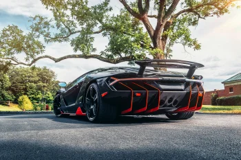 A black Lamborghini Centenario under a spreading tree
