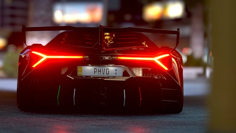 The striking taillights of the Lamborghini Essenza SCV12 against the backdrop of the city at night