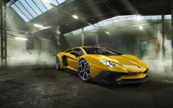 A yellow Lamborghini Aventador SV bathed in the light of an abandoned hangar
