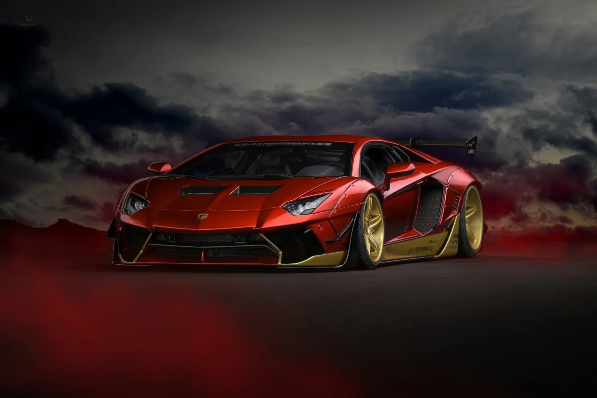 A red Lamborghini Aventador with Liberty Walk modifications against a stormy sky