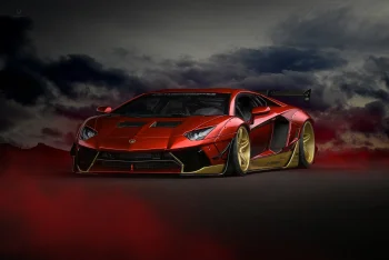 A red Lamborghini Aventador with Liberty Walk modifications against a stormy sky