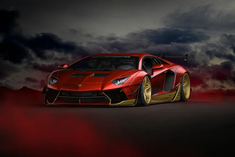 A red Lamborghini Aventador with Liberty Walk modifications against a stormy sky