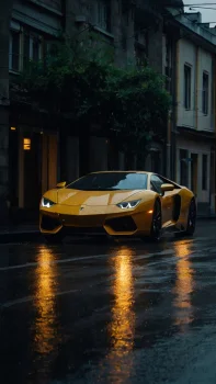 A yellow Lamborghini Aventador on a wet street after the rain