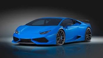 A bright blue Lamborghini Huracán under studio lighting