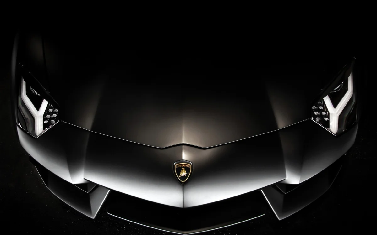 The Lamborghini Aventador's headlights glowing in the dark