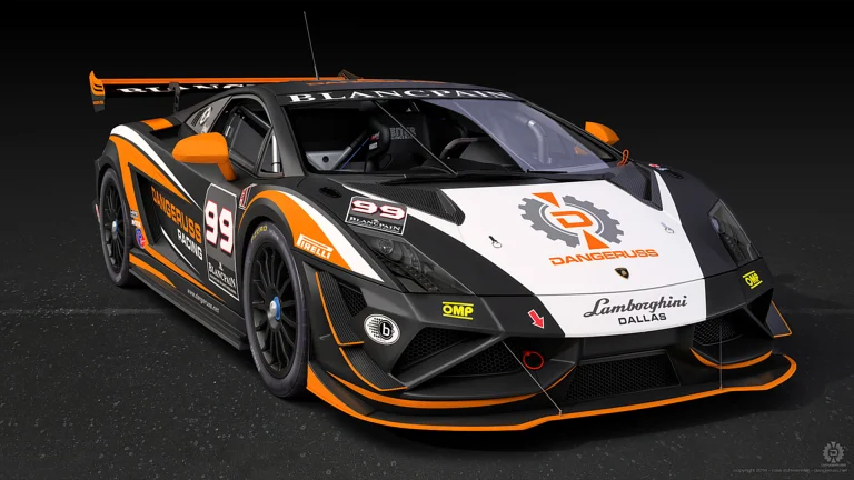 A Lamborghini Gallardo LP 570-4 Super Trofeo race car against a dark background