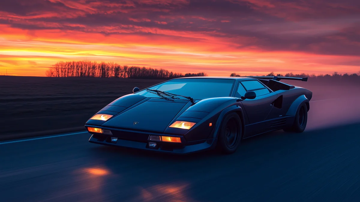 A Lamborghini Countach races down the road against the backdrop of a fiery sunset
