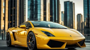 A bright yellow Lamborghini Gallardo against the backdrop of a metropolitan business district
