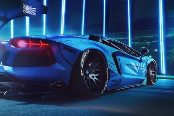 A blue Lamborghini Aventador with Liberty Walk body kit in neon light